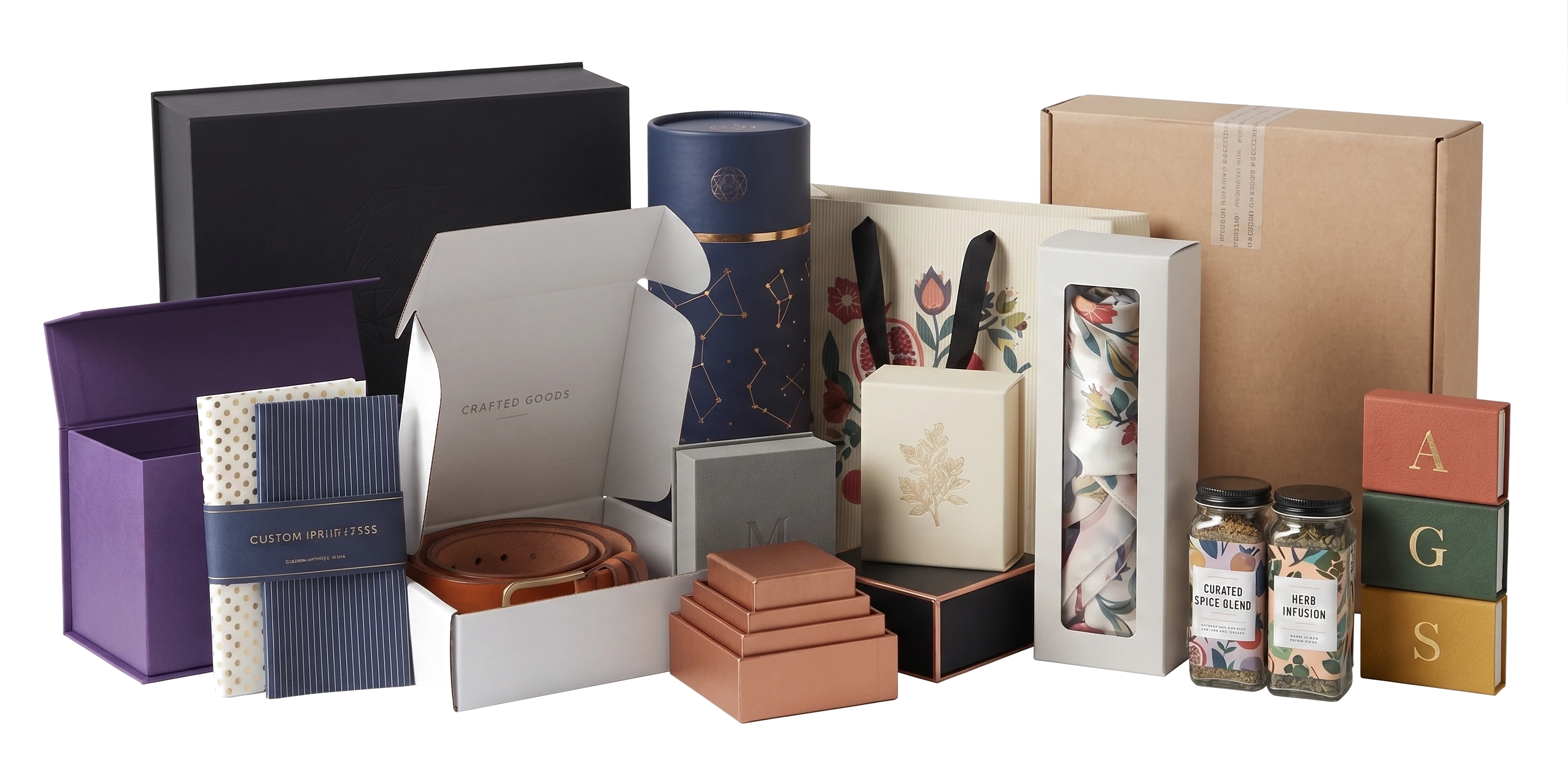 Range of Reliance packaging: rigid gift boxes, mailers, tubes, cartons, and labelled jars
